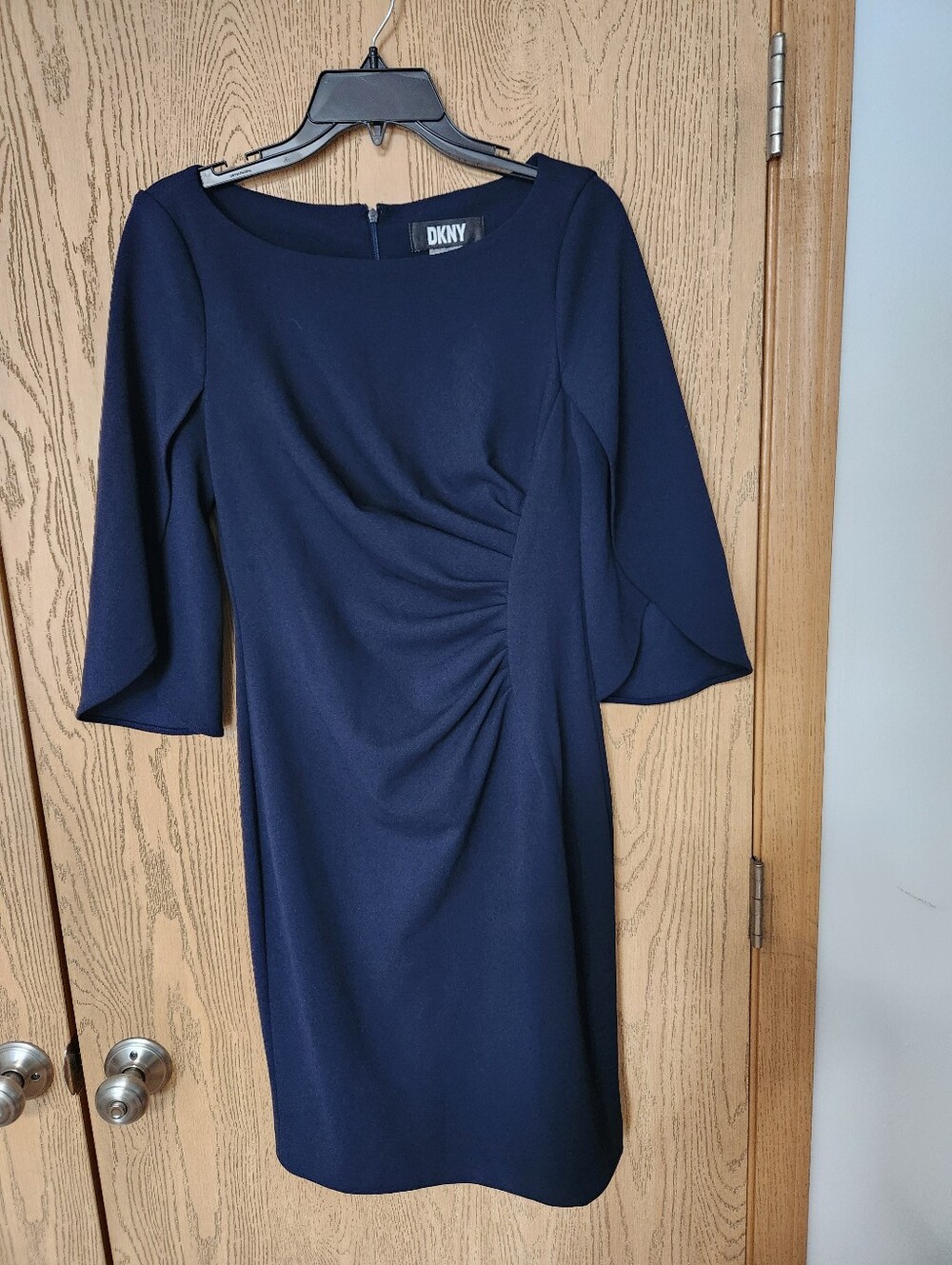 DKNY Navy Blue Ruched Midi Sheath Dress